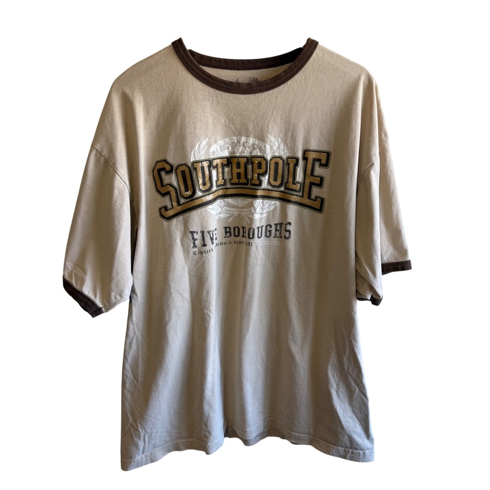 Vintage Southpole Men's Beige Tan Graphic Tee Shirt Y2K Skate Grunge Punk